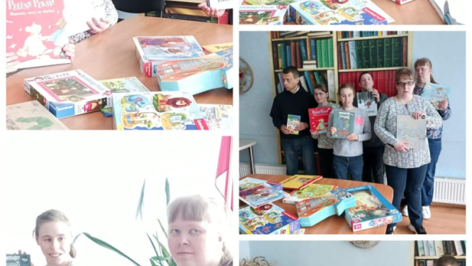 attēlu kolāža, tajos cilvēki liek puzles, lasa grāmatas